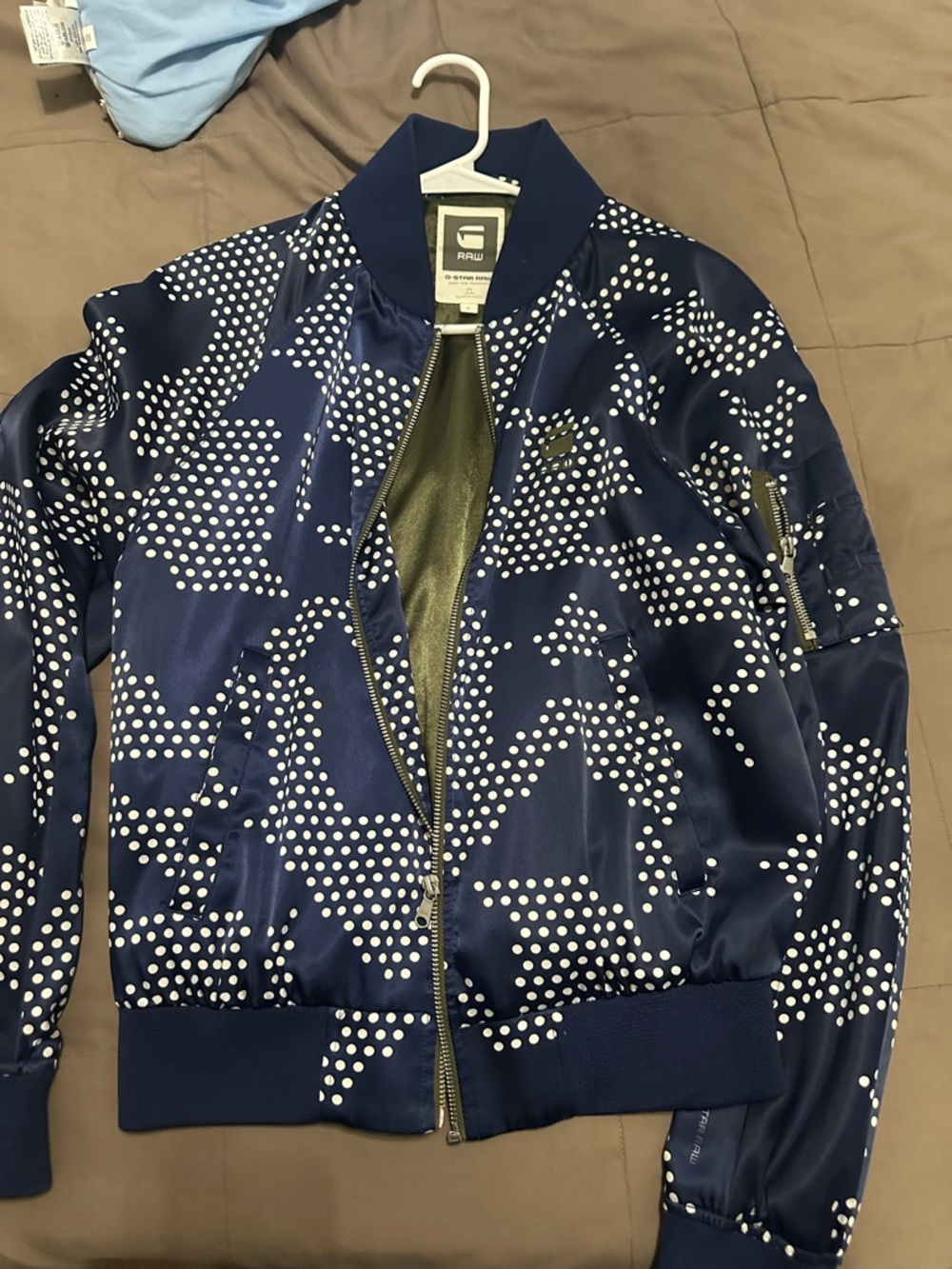 G-Star Navy and White Polka Dot Bomber Jacket with Olive Liner